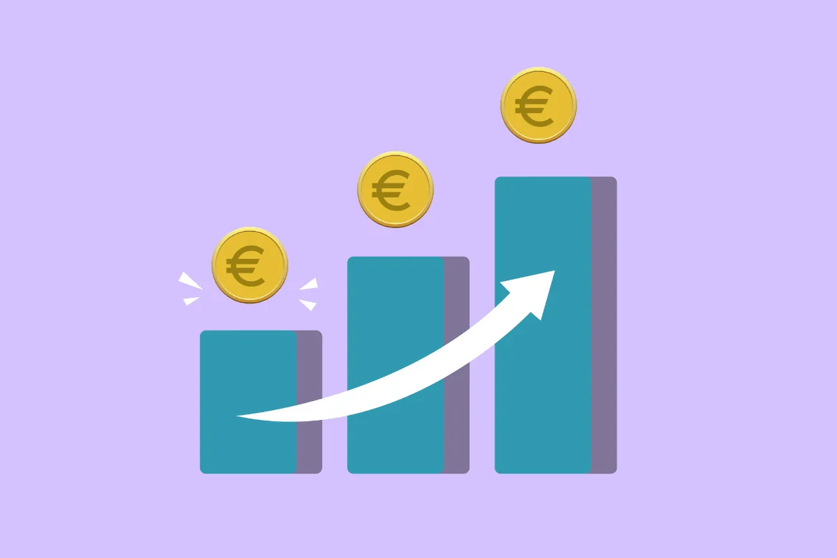 Rising financial graph with arrow and Euro coins on a purple background.